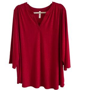 Per Seption Women Blouse 3X Red Glitter V Neck 3/4 Sleeve Holiday Party Stretchy
